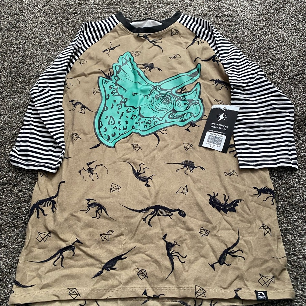 Rags to Raches Tan Dinosaur Tee with Black Stripes